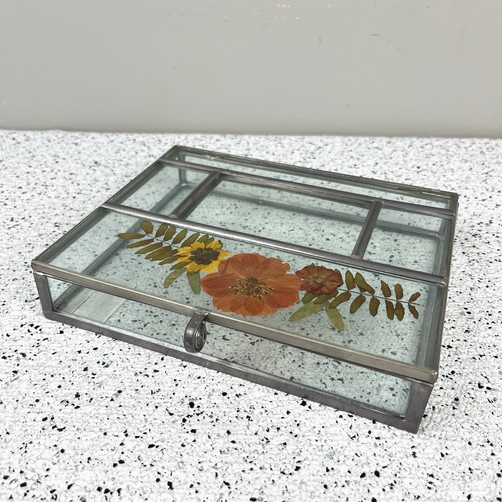 Vintage Burnes of Boston Glass Pressed Flower Trinket Jewelry Box Vanity Decor